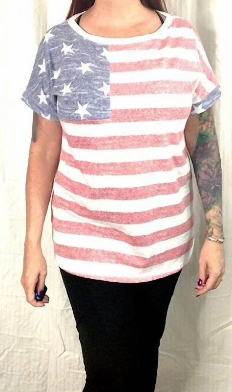 Versatile Wardrobe Essentials 4Th Of July American Flag Print Mixed Round Neck Short Sleeve Top - Made In U.s.a. In Red, White & Blue