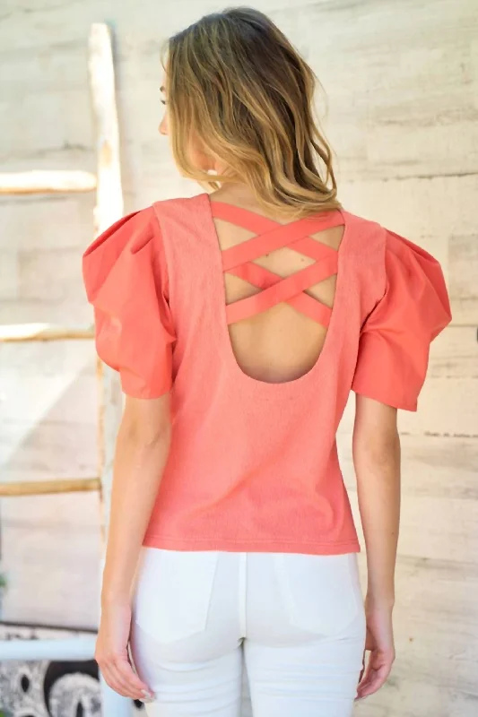 Relaxed Style Criss Cross Back Short Sleeve Top - Coral