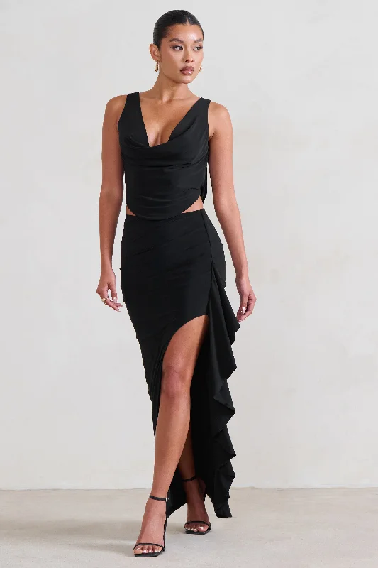 Romantic Date - Night Ensemble La Belle | Black Ruffle Maxi Skirt With Thigh Split