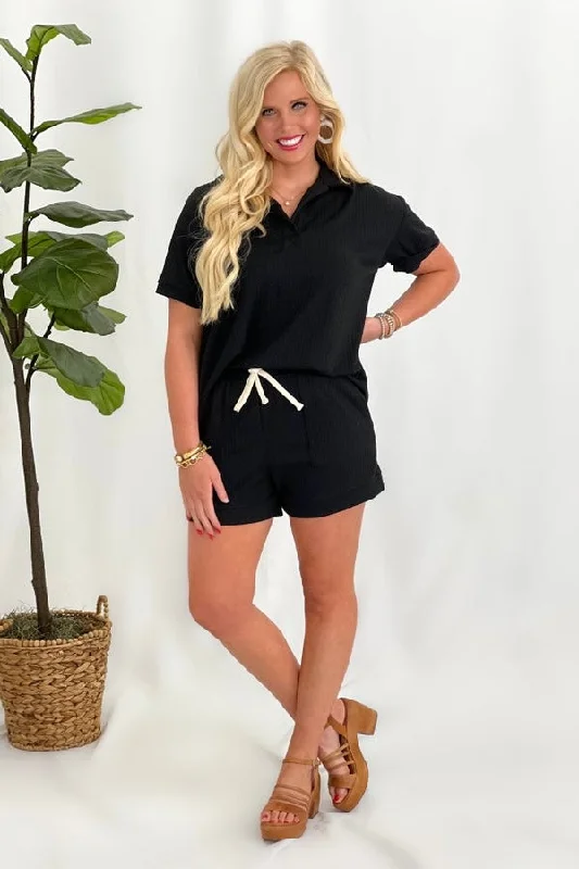 Unbeatable Deals Black Textured Collar Top & Short Set *Final Sale*