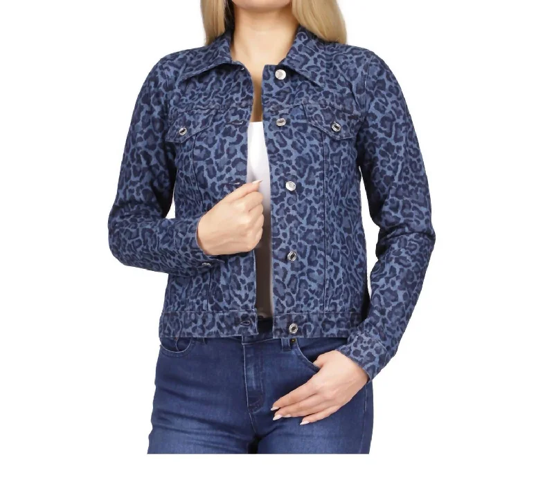 Seasonal Picks Button Up Spread Collar Animal Print Denim Jacket In Dusk Blue Wash