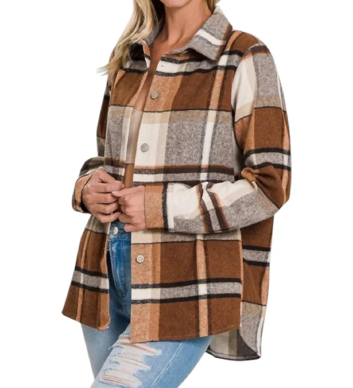 High End Designer Brands Discount Yarn Dyed Plaid Shacket In Brown