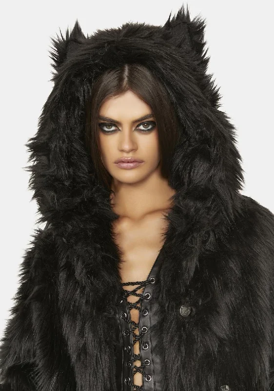 Summer Fashion Black Wolf Classic Faux Fur Coat