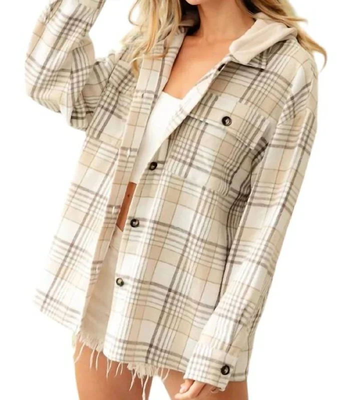 Quick Grab Deals Hooded Flannel Jacket In Oatmeal Multi