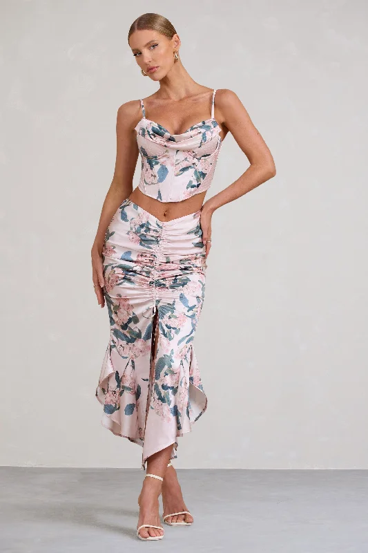 Dreamy Aesthetic Per Favore | Pink Satin Ruched Split Maxi Skirt