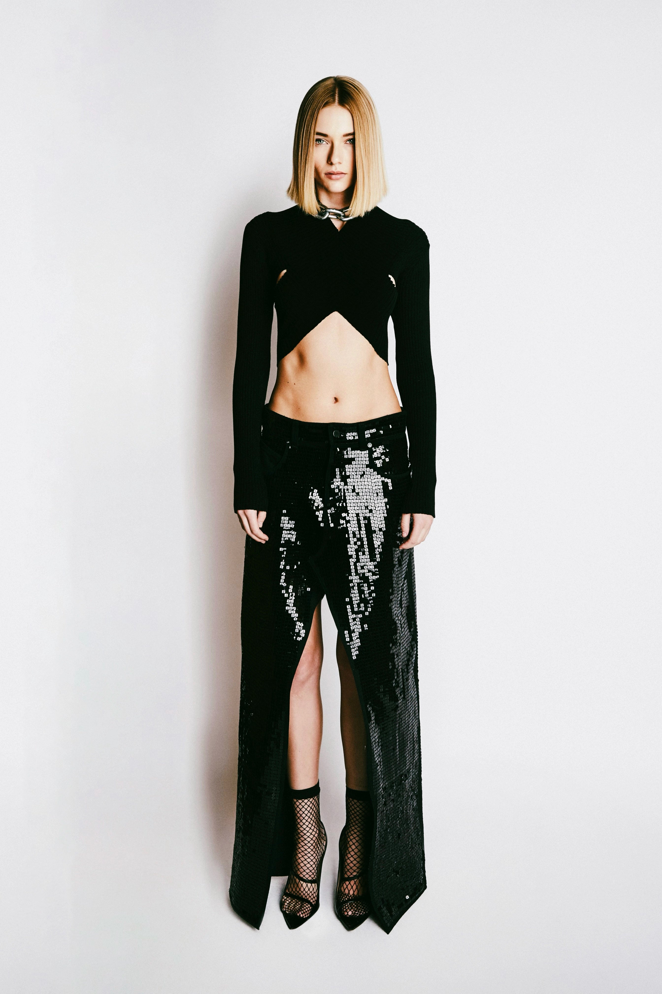 Holiday Glam SLIT DENIM MAXI SKIRT | BLACK SEQUIN