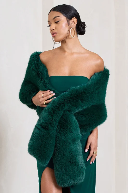 Save Big Softly | Green Faux Fur Pull-Through Shawl