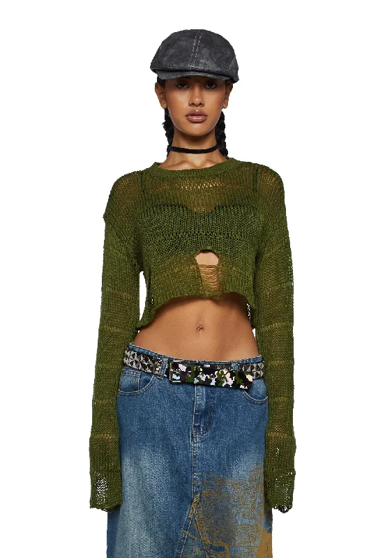 Graceful Movement Melancholic Melody Crop Sweater - Olive