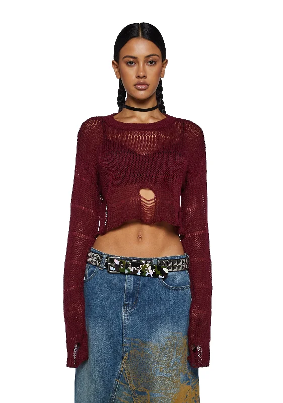 Effortless Sophistication Melancholic Melody Crop Sweater - Burgundy