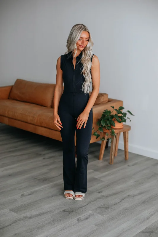 Save On Classic Elegant Styles Rosette Flare Jumpsuit - Black