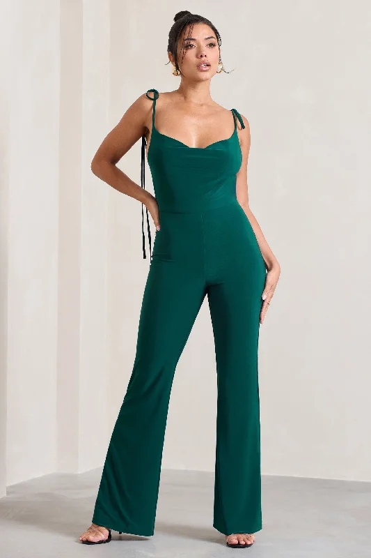 Eclectic Style Wardrobe Pose | Bottle Green Cowl-Neck Strappy Flared-Leg Jumpsuit