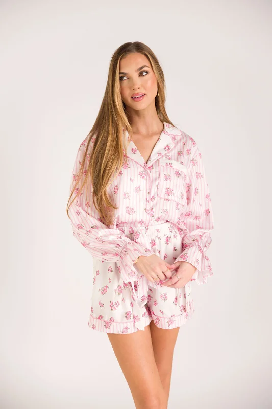 Unbeatable Prices Lottie Satin Pajama Set in White/Pink Floral and Stripes