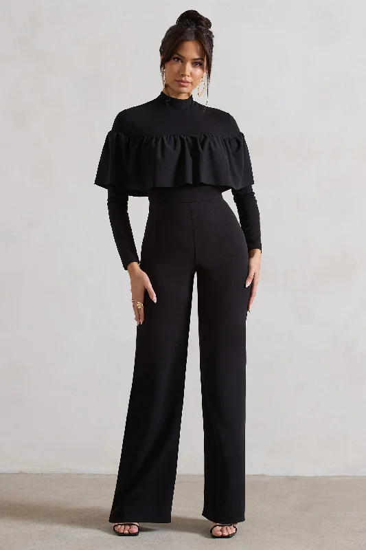 Chic Styles For The Frill | Black High-Neck Straight-Leg Jumpsuit With Frills