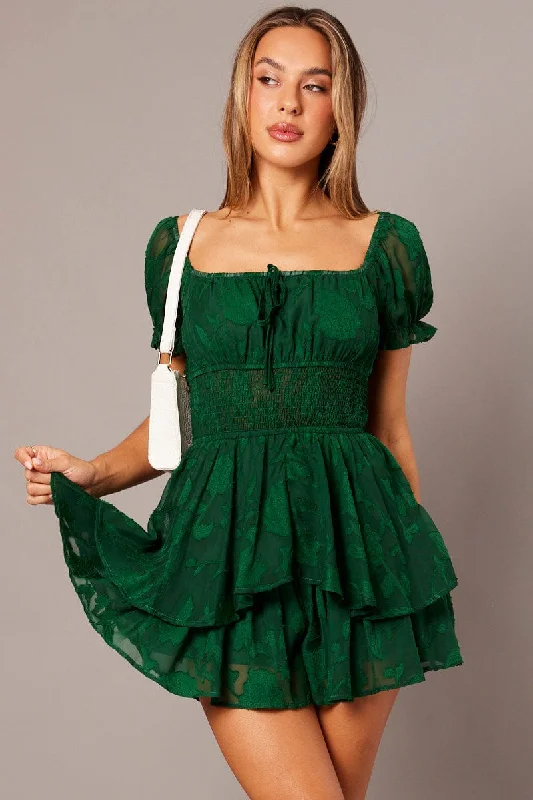 Style Upgrade Green Ruffle Playsuit Short Sleeve Ruched Bust