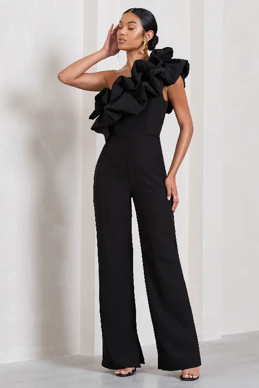 Chic Trends Unveiled Monica | Black Asymmetric Ruffled Wide-Leg Jumpsuit