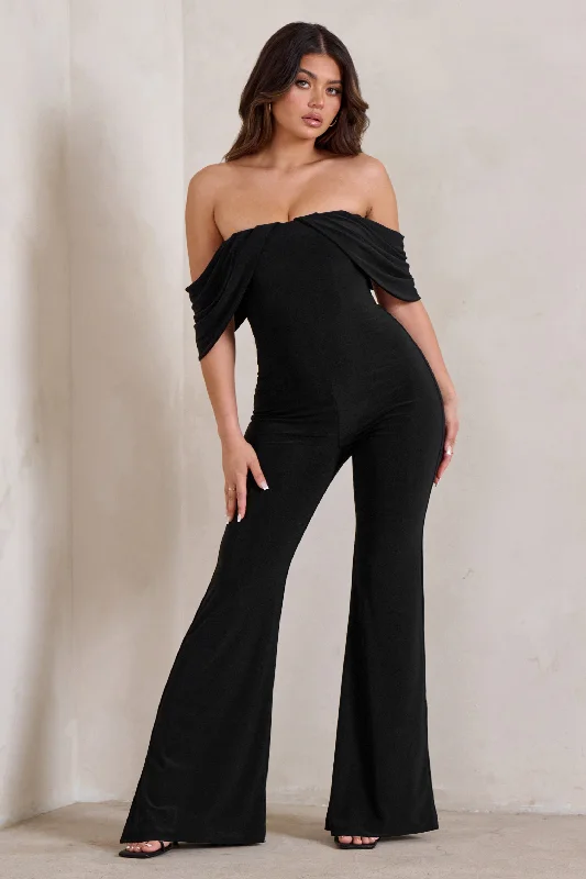 Exclusive Designer Collection Bonnie | Black Bardot Drape Sleeve Jumpsuit