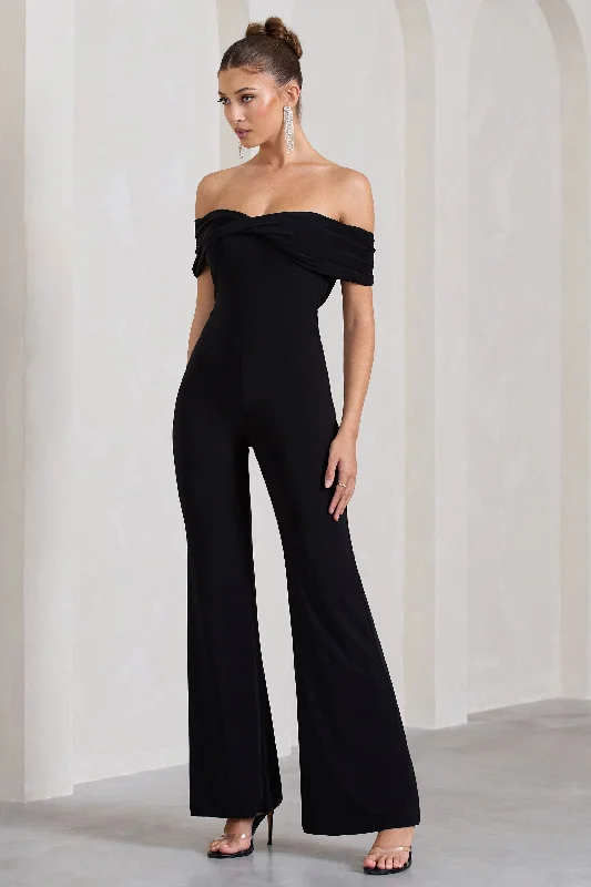 Quality Driven Apparel Gemma | Black Bardot Open-Back Flared-Leg Jumpsuit