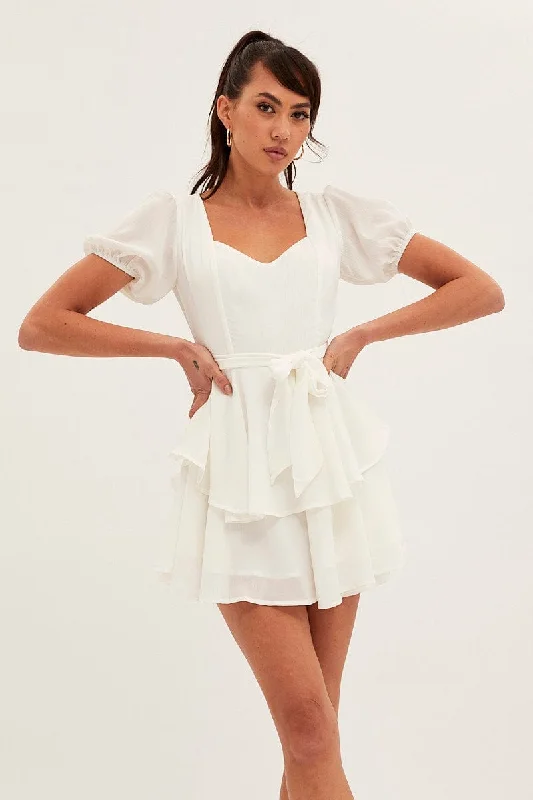 Shop Sale Items White Playsuit Short Sleeve Ruffle Sweetheart Neck