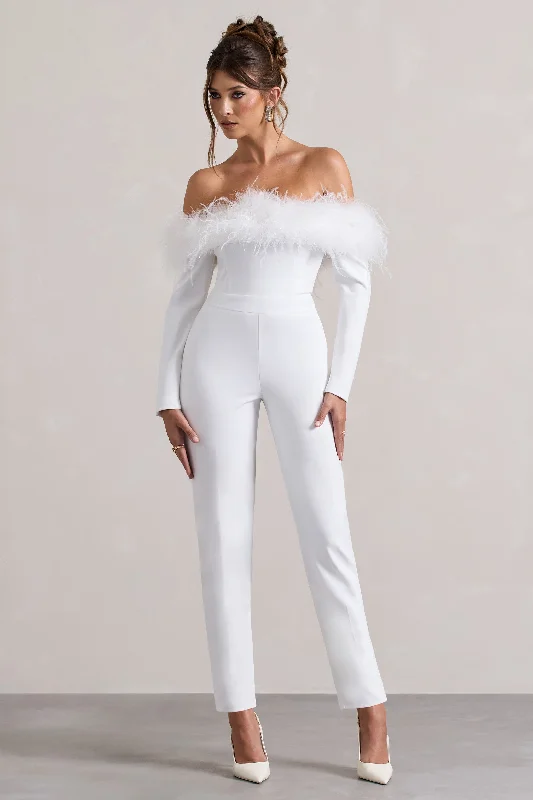 Formal Outfit Ales | White Bardot Tailored Straight-Leg Jumpsuit With Feather Trim