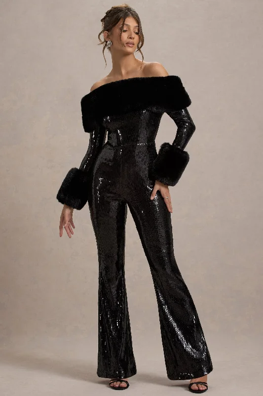 Modern Glamour Lunar | Black Sequin Bardot Flared-Leg Jumpsuit With Fur