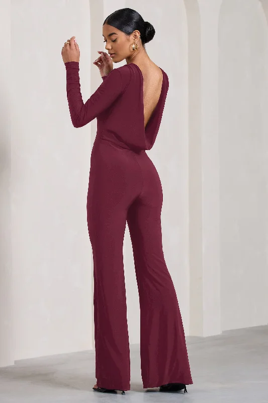 Elegant Attire For The Modern Lady Lana | Burgundy Long-Sleeved Flared-Leg Jumpsuit