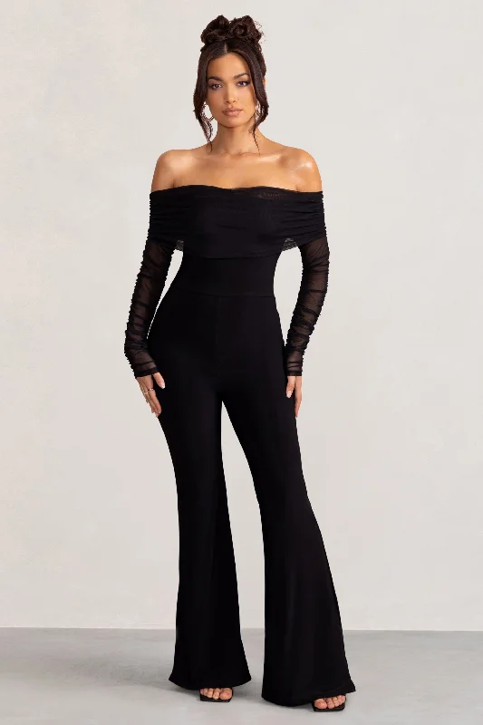 Elevate Your Wardrobe Whisper | Black Ruched Mesh Bardot Jumpsuit