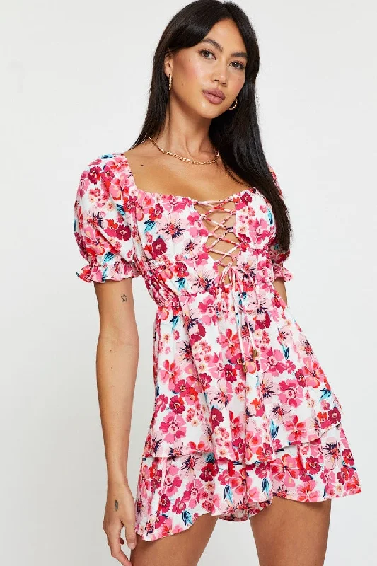 Discover Promotions Red Print Playsuit Short Sleeve Evening