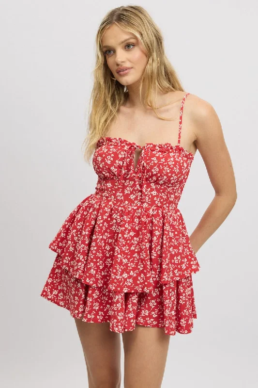 Luxury Style Red Ditsy Ruffle Playsuit Sleeveless Frilled