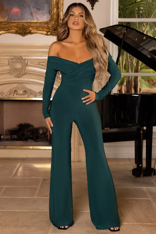 Latest Trends Hand On Heart | Bottle Green Twist Front Bardot Long Sleeve Jumpsuit