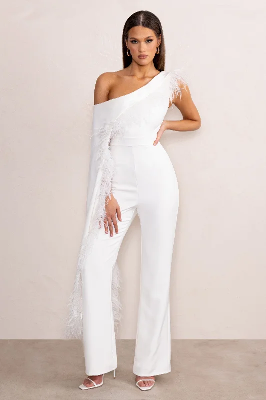 Trendy Aesthetics Cindy | White One-Shoulder Cape Jumpsuit with Feather Trim