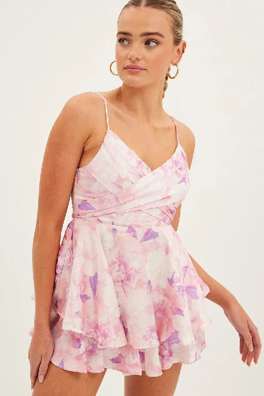 Elevate Your Wardrobe Pink Floral Ruffle Playsuit Sleeveless Tie Back