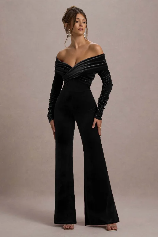 Style Redefined Borealis | Black Velvet Long-Sleeved Bardot Jumpsuit