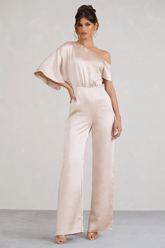 Trend Setting Threads Marvellous | Champagne Satin Asymmetric Flared-Leg Jumpsuit