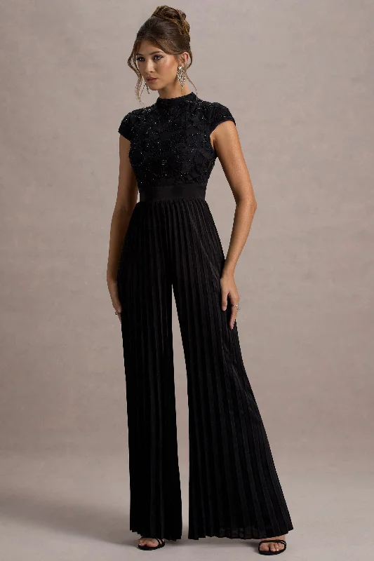 Feminine Charm Tanner | Black Cap-Sleeve Plisse Wide-Leg Jumpsuit