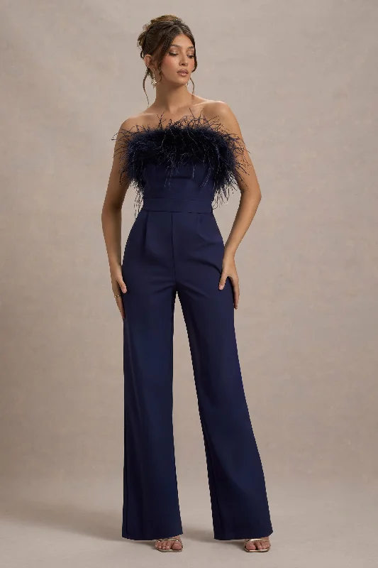 Gorgeous Glamour Collection First Class | Navy Bandeau Feather Wide Leg Jumpsuit