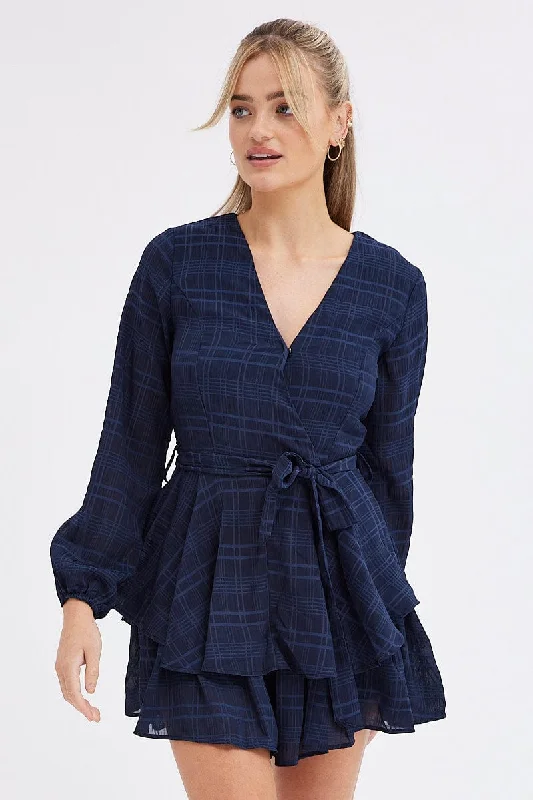 Mid - Week Surprise Blue Ruffle Playsuit Long Sleeve Wrap Front