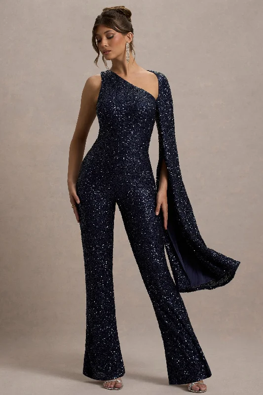 Modern Romance Star Seeker | Navy Sequin One-Shoulder Cape Sleeve Jumpsuit