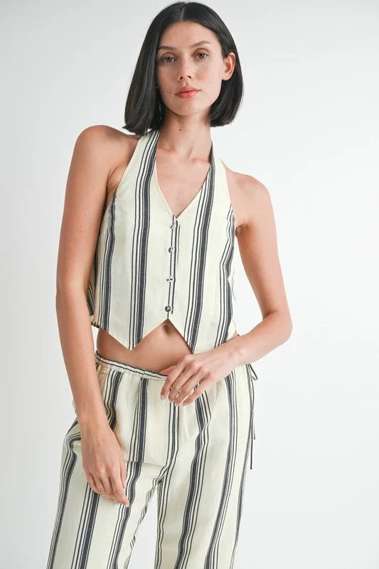 Feminine Soft - Hued Styles Hot Girl Coastal Cool Striped Halter Neck Vest Top