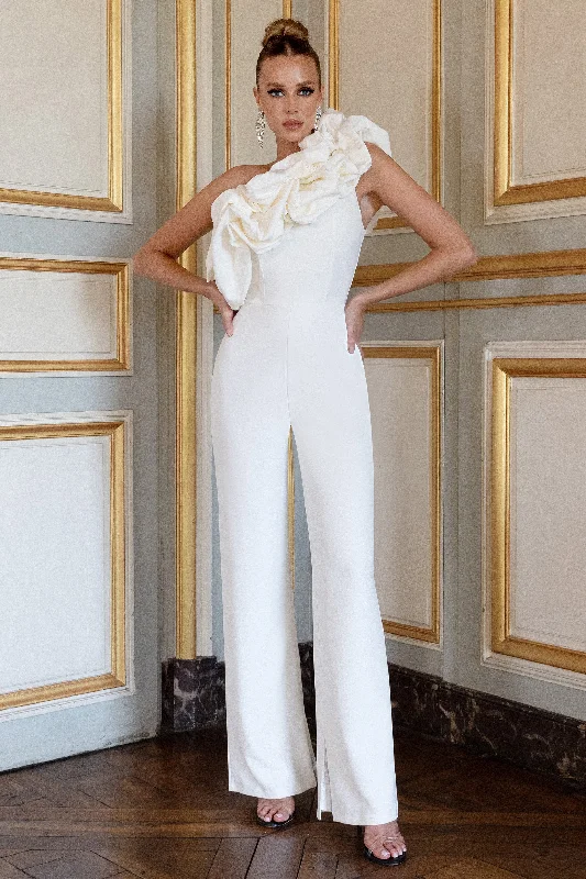 Stylish Statements Monica | White Asymmetric Ruffled Wide-Leg Jumpsuit