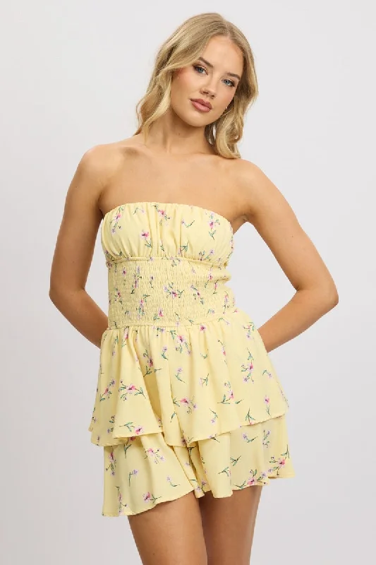 Don't Miss Out Yellow Floral Strapless Playsuit Ruffled