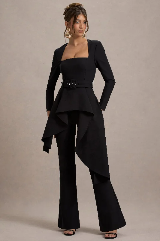 Refined Look Eminent | Black Square-Neck Flared-Leg Jumpsuit With Draped Waist