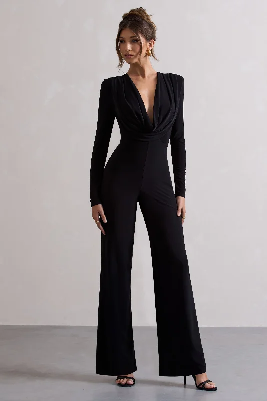 Urban Femme Streetwear Elisha | Black Plunge-Neck Wide-Leg Jumpsuit