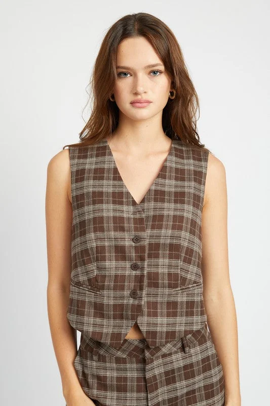 Huge Price Cut Hot Girl Maddie Plaid Button Up Vest Top In Brown