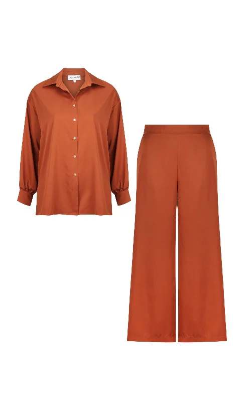 Feminine Elegant Adele Shirt & Pants Chocolate Set