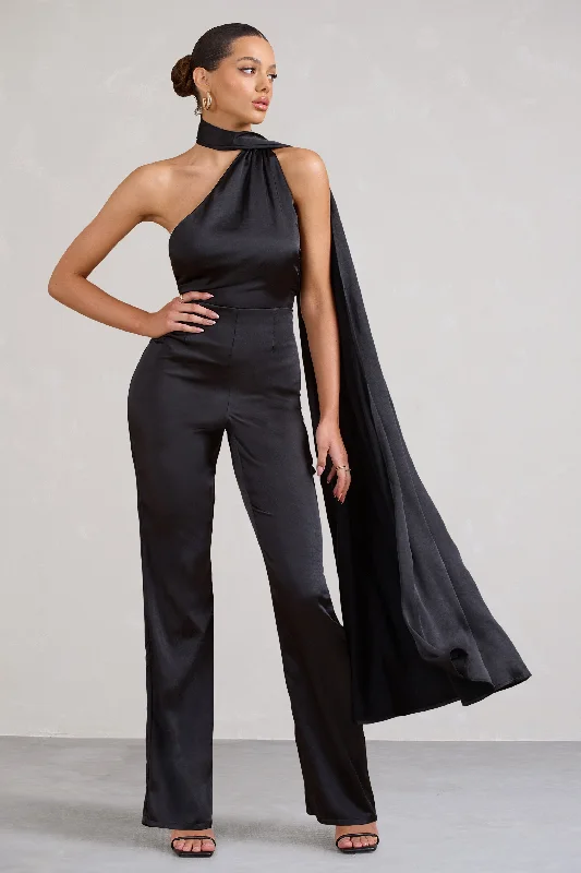 Unleash Your Trend Driven Style Cascada | Black Satin Wide Leg Jumpsuit With Statement Scarf Neck