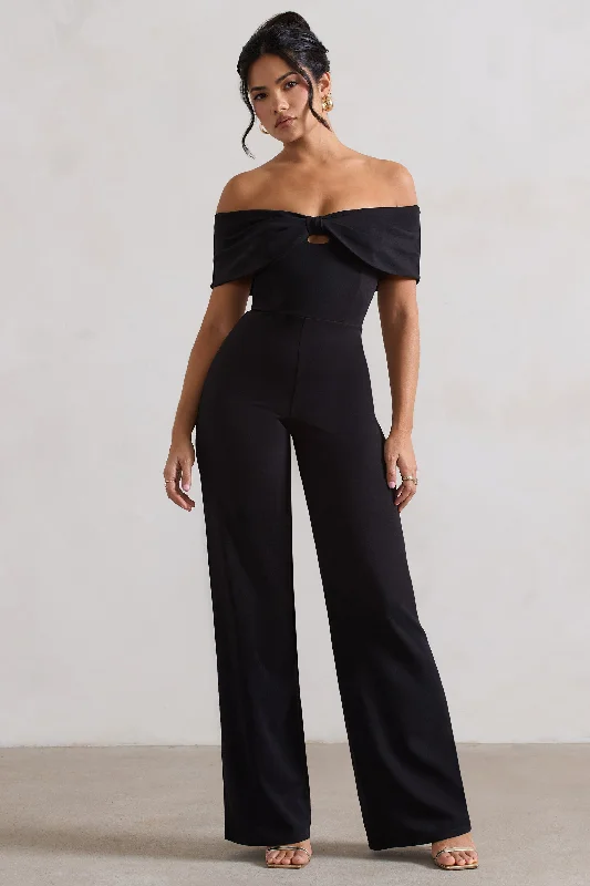 Minimalist Elegant Harleen | Black Bow Bardot Wide-Leg Jumpsuit