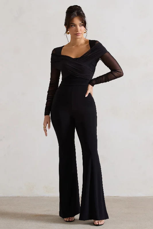 Relaxed Style Crossed Lines | Black Ruched Mesh Flared-Leg Jumpsuit