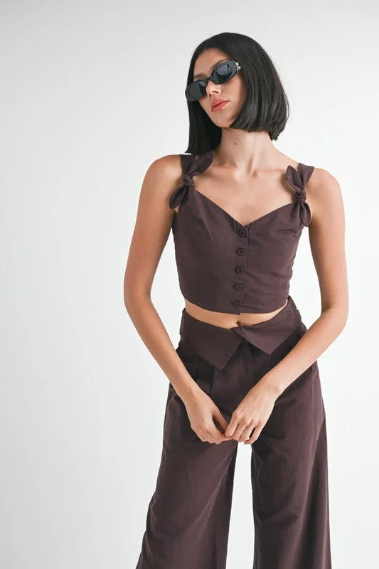 Sophisticated Cut Hot Girl Cocoa & Milk Knotted Strap Cropped Vest Top