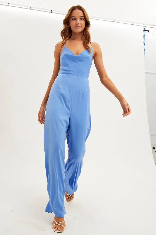 Flash Deals Blue Wide Leg Jumpsuit Sleeveless Cowl Neck Satin