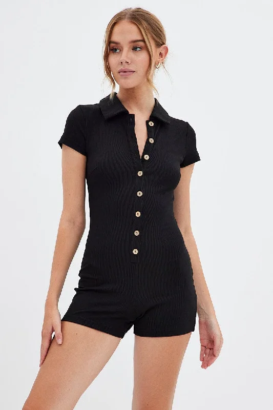 Hurry Before It's Gone Black Romper Short Sleeve Collared